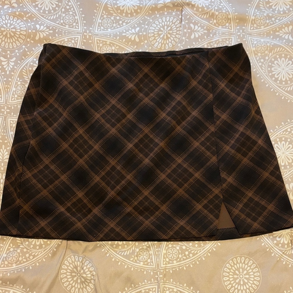 Divided Black and Brown Plaid Mini Skirt